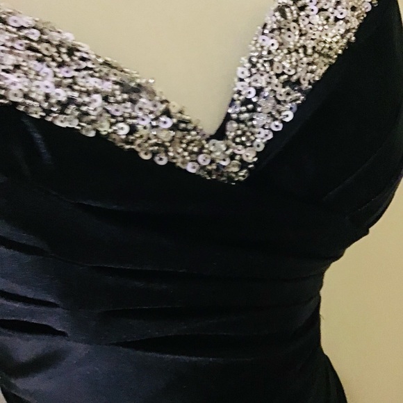 Black Satin Ruched Maxi Dress with Crystal-Trimmed V-Neck - Picture 2 of 7